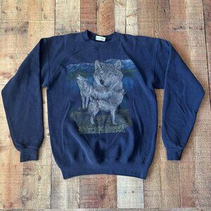 Vintage Fieldmaster Wolf Graphic Sweatshirt Navy Blue Cotton Blend Size M